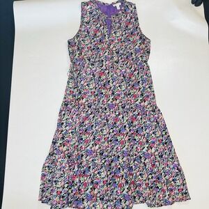 Nordstrom Signature Silk Dress Large Floral Sleeveless A-Line Tie Waist Purple